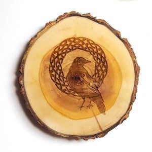 Celtic Raven Coaster Set of 4, Natural Tree Slice